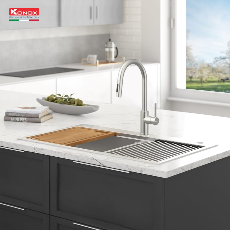 Vòi rửa bát nóng lạnh dây rút Konox Reno