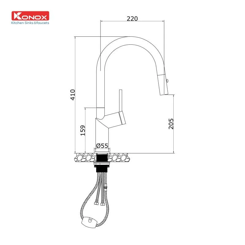 Bản vẽ Vòi rửa bát nóng lạnh dây rút Konox Neva