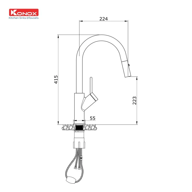 Bản vẽ Vòi rửa bát nóng lạnh dây rút Konox Ponte Grey