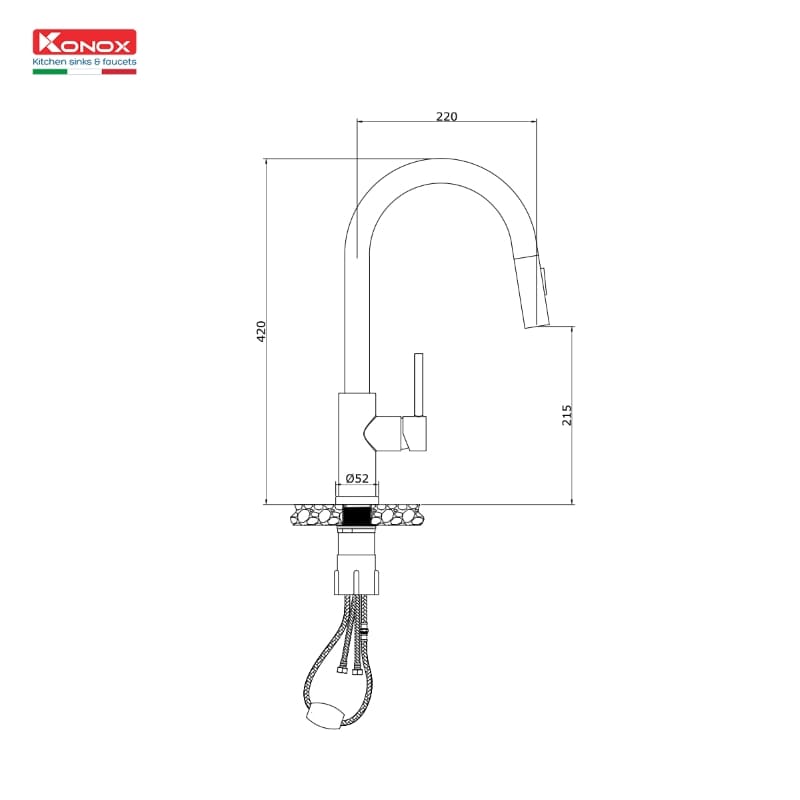 Bản vẽ Vòi rửa bát nóng lạnh dây rút Konox Reno
