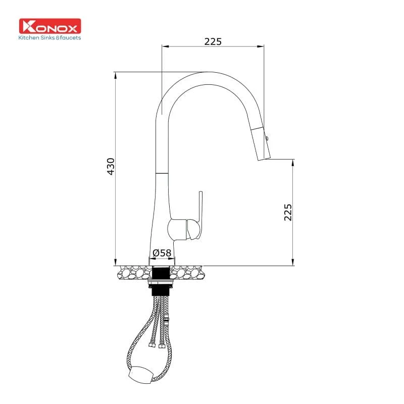 Bản vẽ Vòi rửa bát nóng lạnh dây rút Konox Curva Chrome
