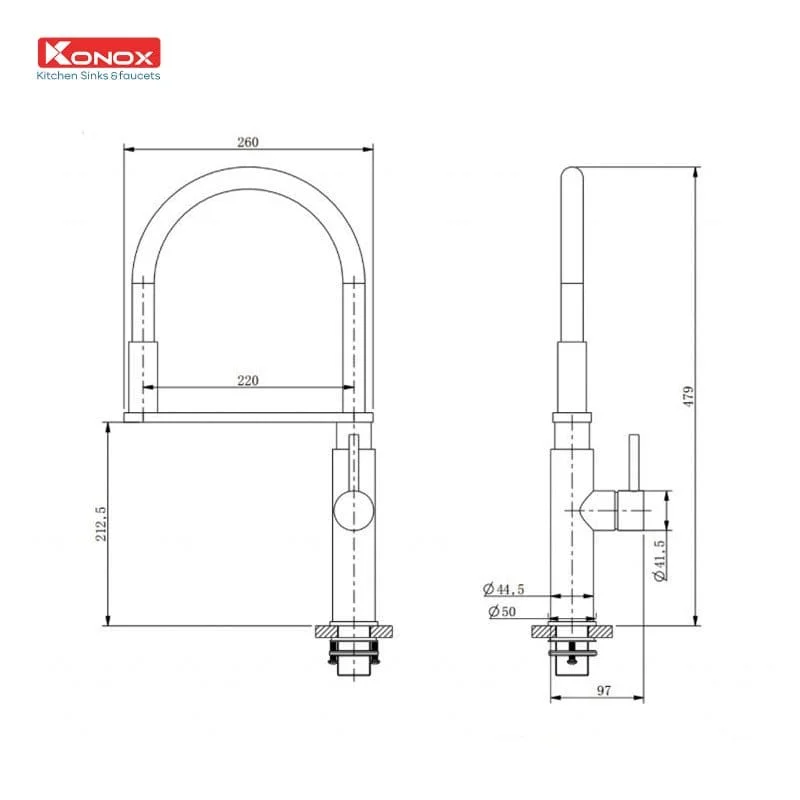 Bản vẽ Vòi rửa bát nóng lạnh cần mềm Konox KN1618