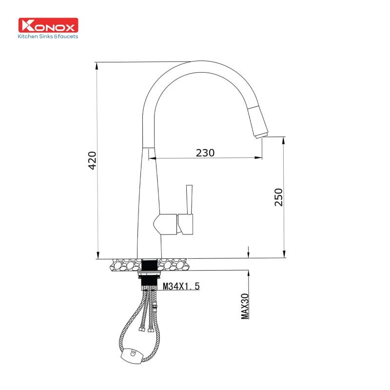 Bản vẽ Vòi rửa bát nóng lạnh dây rút Konox KN1901B
