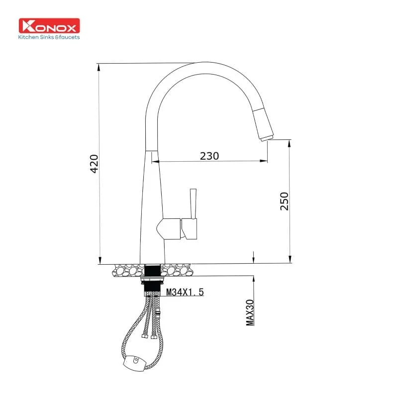 Bản vẽ Vòi rửa bát nóng lạnh dây rút Konox KN1901B