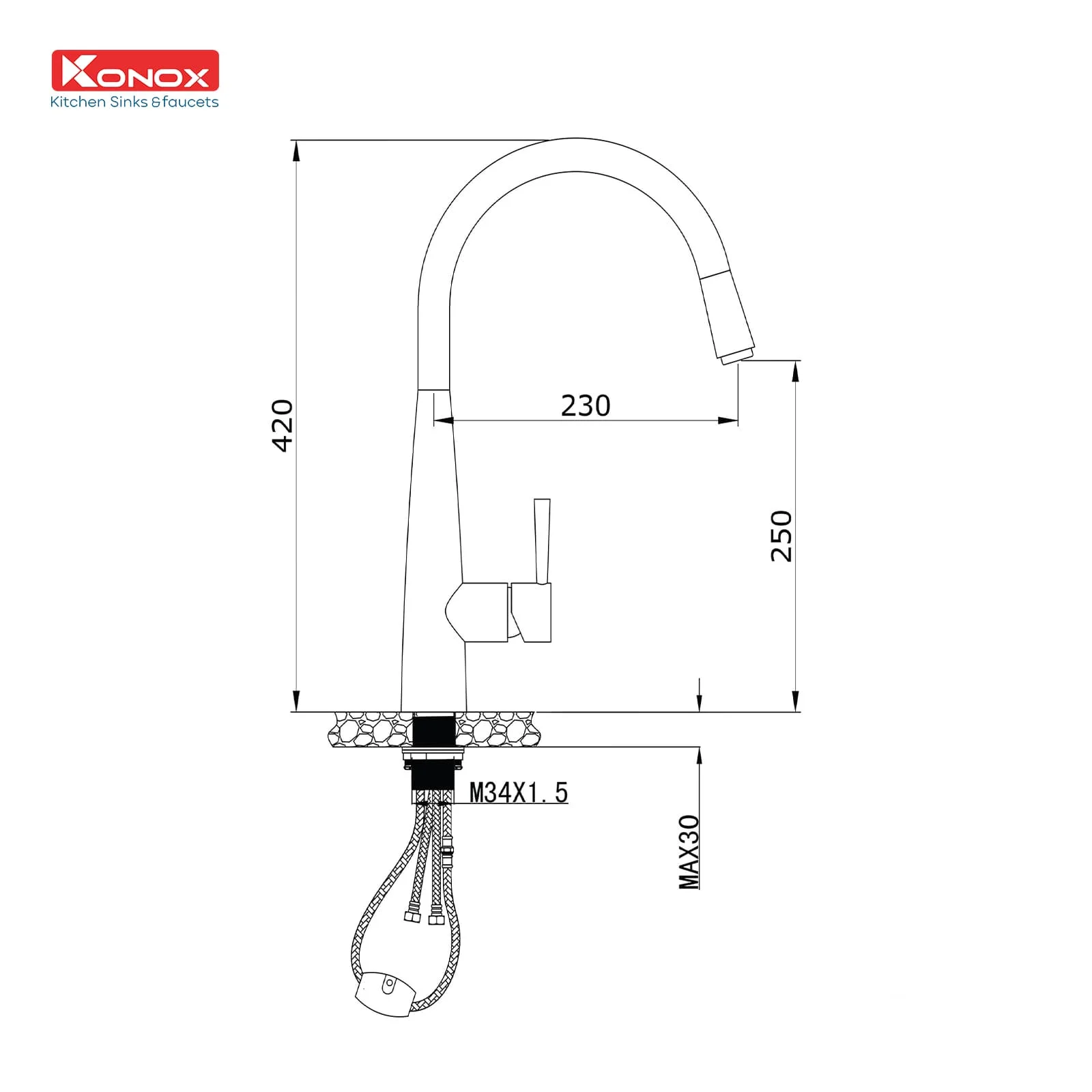 Bản vẽ Vòi rửa bát nóng lạnh dây rút Konox KN1901N
