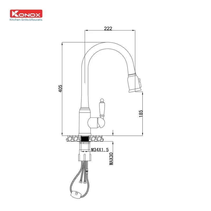 Bản vẽ Vòi rửa bát nóng lạnh dây rút Konox KN1905
