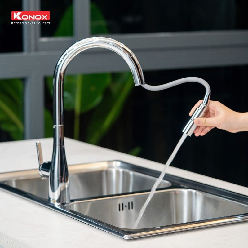 Vòi rửa bát nóng lạnh dây rút Konox Curva Chrome