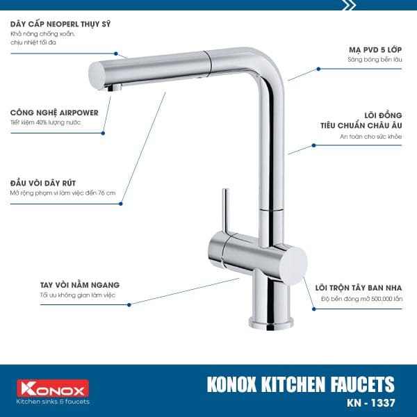 Vòi rửa bát nóng lạnh dây rút Konox KN1337