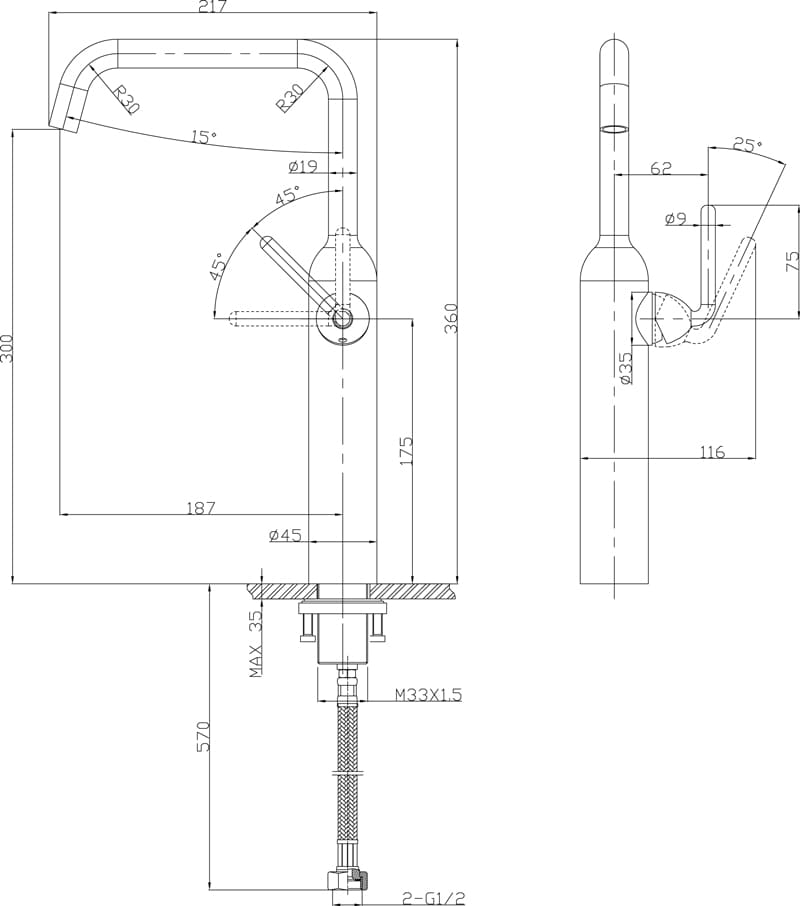 Bản vẽ vòi lavabo nóng lạnh cao Joden V10873715C-L
