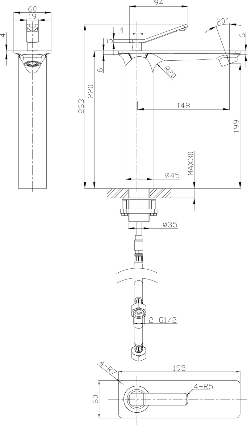 Bản vẽ kỹ thuật vòi rửa mặt nóng lạnh Joden V10565679C-L