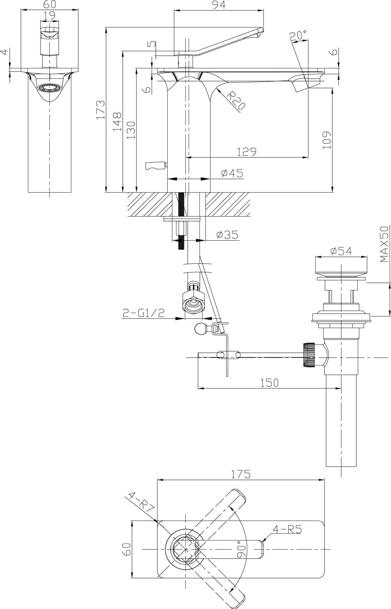Bản vẽ kỹ thuật vòi rửa mặt nóng lạnh Joden V10565679C