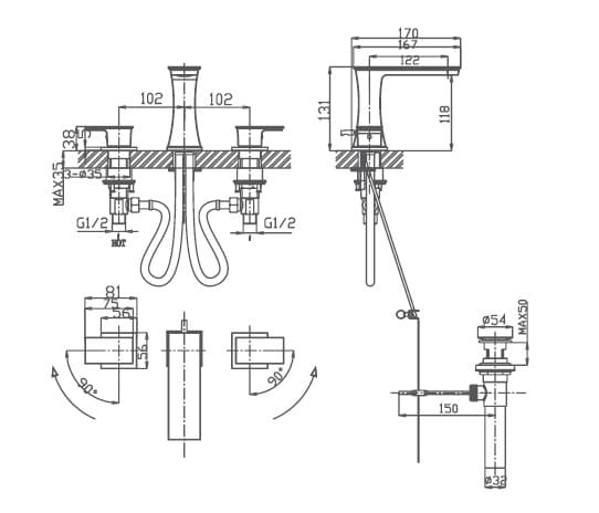 Bản vẽ kỹ thuật vòi chậu Joden Emperor 21555382C