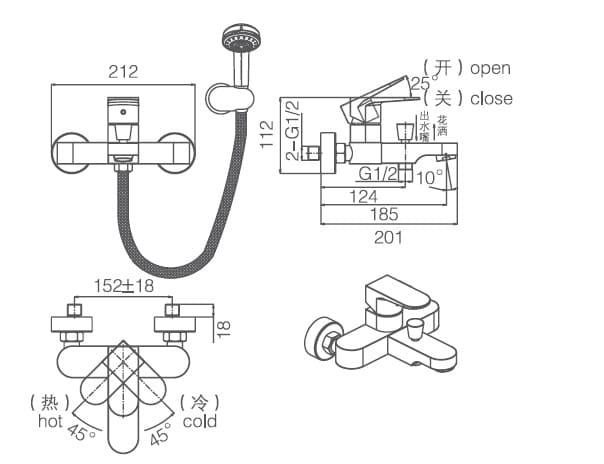 Bản vẽ thông số kỹ thuật sen tắm Joden Leo 6008B344C