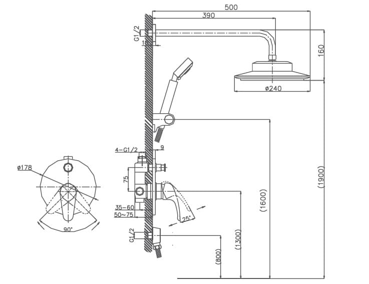 Bản vẽ thông số kỹ thuật sen tắm Joden David 8200N350C