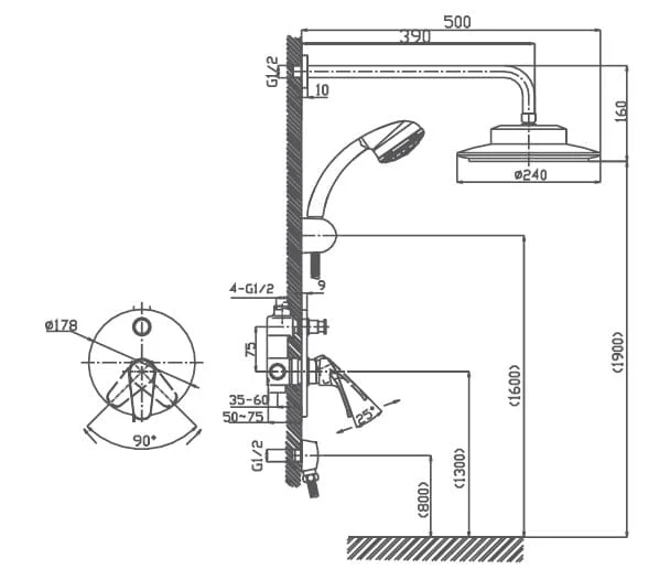 Bản vẽ thông số kỹ thuật sen tắm Joden Anthony 820BB305C