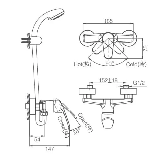 Bản vẽ thông số kỹ thuật sen tắm Joden Anthony 900BB305C
