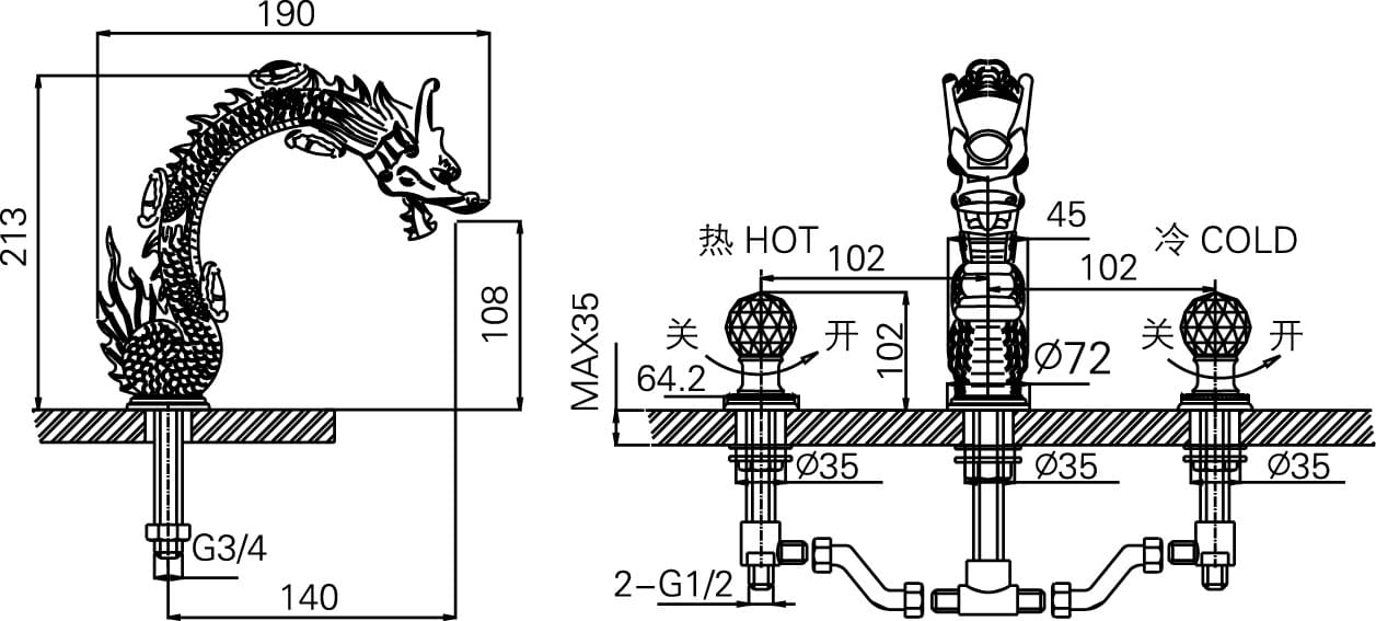 Bản vẽ vòi 3 chân nóng lạnh Joden 21036605G