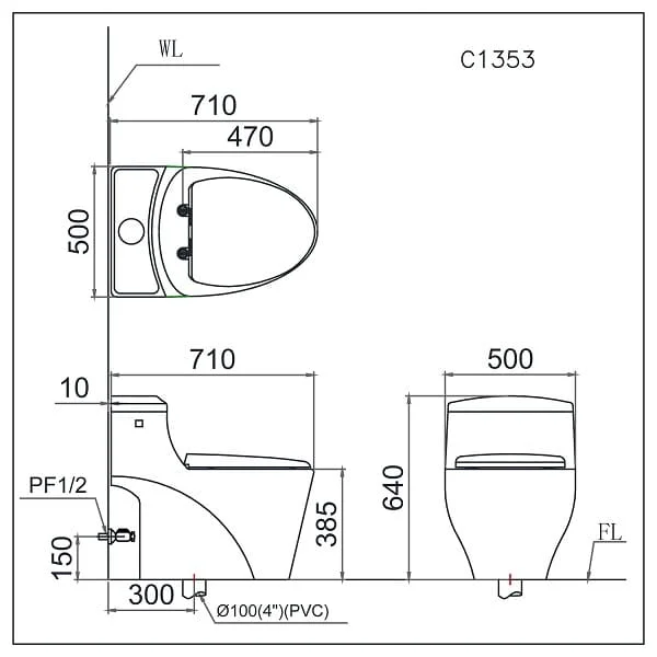 Bản vẽ Bồn cầu 1 khối nắp rửa cơ Caesar C1353/TAF060