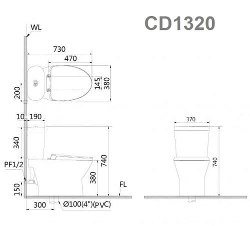 Bản vẽ Bồn cầu 2 khối nắp rửa cơ Caesar CD1320/TAF060