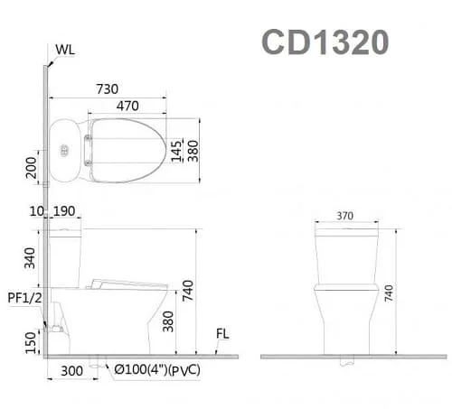 Bản vẽ Bồn cầu 2 khối nắp rửa cơ Caesar CD1320/TAF060