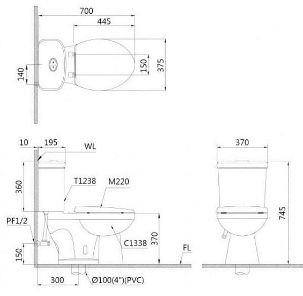 Bản vẽ Bồn cầu 2 khối nắp rửa cơ Caesar CD1338/TAF060