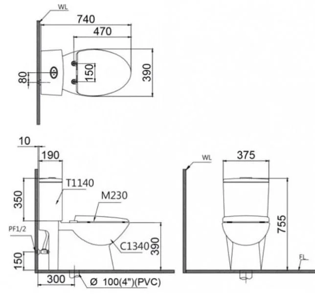 Bản vẽ Bồn cầu 2 khối nắp rửa cơ Caesar CD1340/TAF060