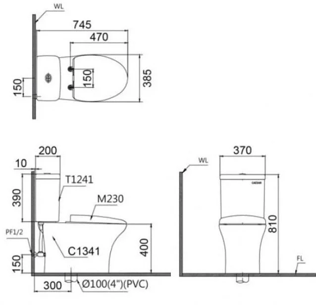 Bản vẽ Bồn cầu 2 khối nắp rửa cơ Caesar CD1341/TAF060