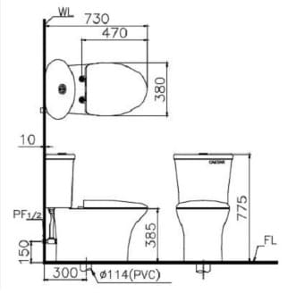 Bản vẽ Bồn cầu 2 khối nắp điện tử Caesar CD1341/TAF200H