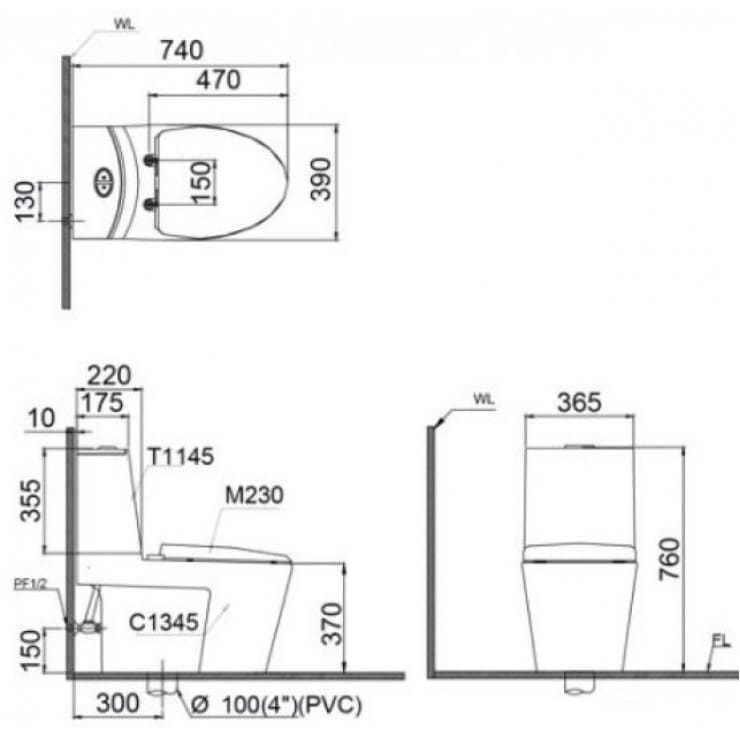Bản vẽ Bồn cầu 2 khối nắp rửa cơ Caesar CD1345/TAF060