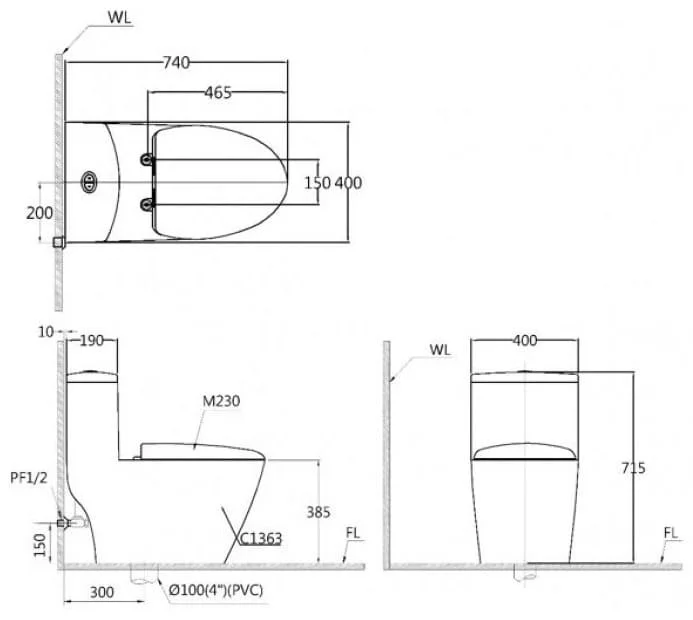 Bản vẽ Bồn cầu 1 khối nắp rửa cơ Caesar CD1363/TAF060