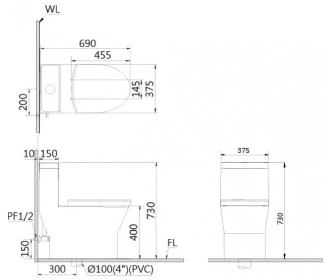 Bản vẽ Bồn cầu 1 khối nắp rửa cơ Caesar CD1374/TAF060