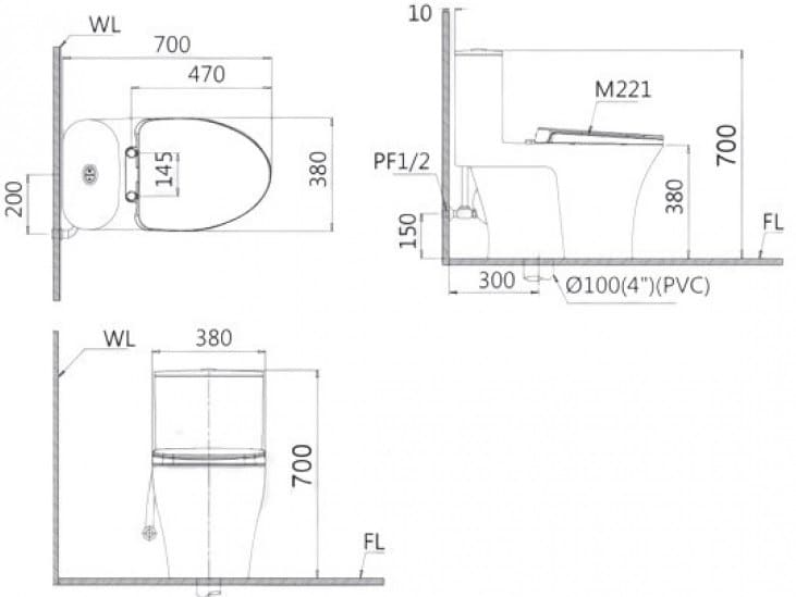 Bản vẽ Bồn cầu 1 khối nắp rửa cơ Caesar CD1375/TAF060