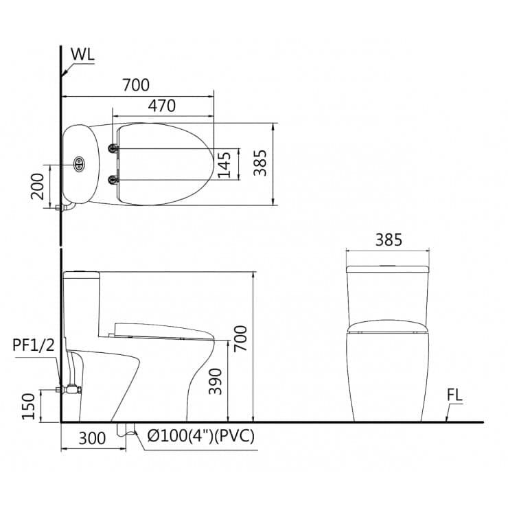 Bản vẽ Bồn cầu 1 khối nắp rửa cơ Caesar CD1394/TAF050