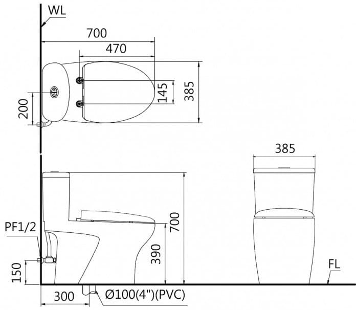 Bồn cầu 1 khối nắp rửa cơ Caesar CD1394/TAF060