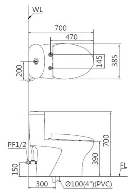 Bản vẽ Bồn cầu 1 khối nắp điện tử Caesar CD1394/TAF400H