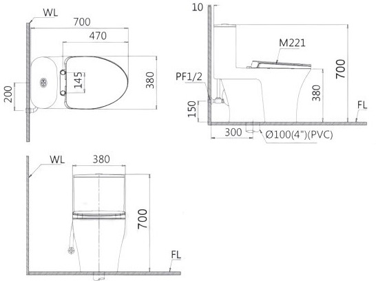 Bản vẽ Bồn cầu 1 khối nắp rửa cơ Caesar CD1395/TAF050
