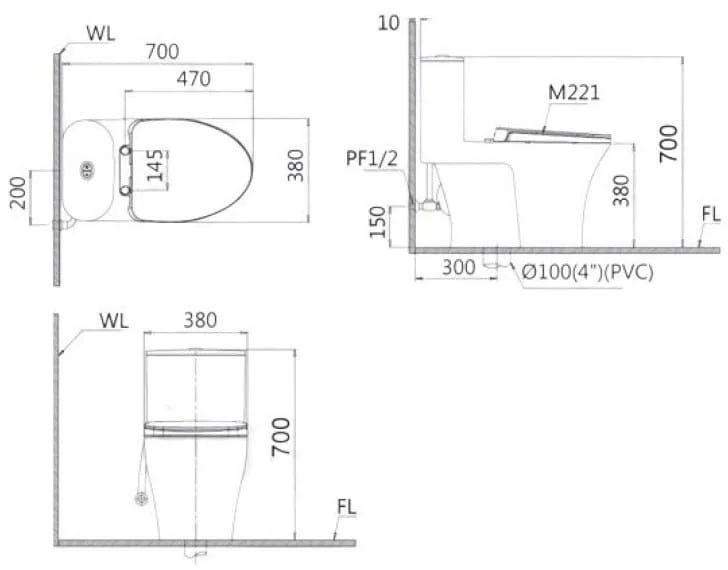 Bản vẽ Bồn cầu 1 khối nắp rửa cơ Caesar CD1395/TAF060