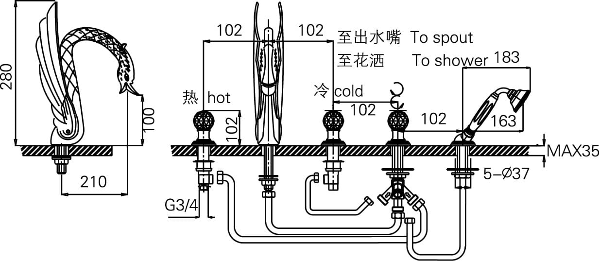 Bản vẽ bộ vòi sen bồn tắm hình Thiên Nga Joden 50008606G