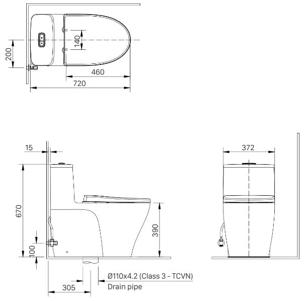 Bản vẽ Bàn cầu 1 khối nắp rơi êm Inax AC-989VN