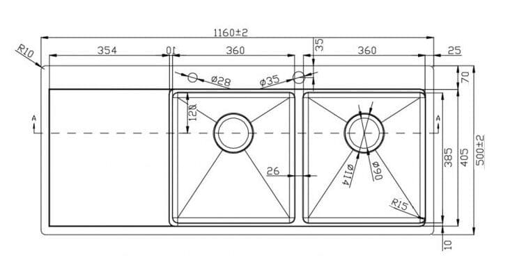Bản vẽ Chậu rửa bát 2 hố cân bàn Trái SUS304 Konox KN11650TD-L