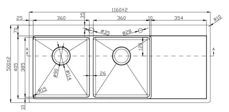 Bản vẽ Chậu rửa bát 2 hố cân bàn phải SUS304 Konox KN11650TD-R 