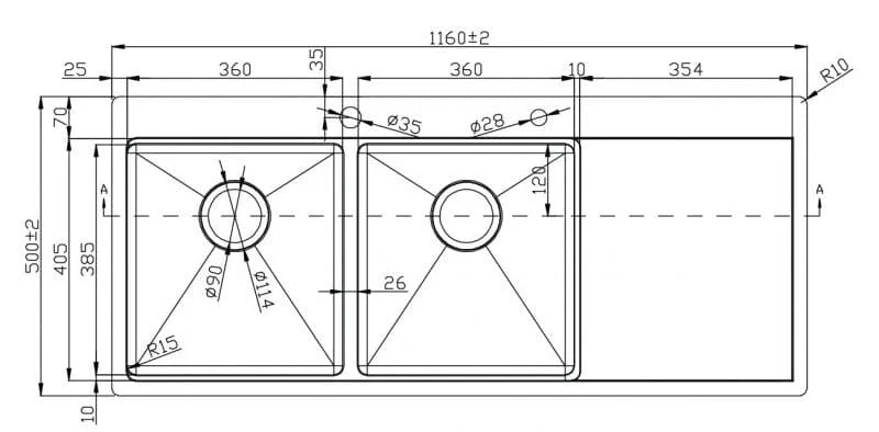 Bản vẽ Chậu rửa bát 2 hố cân bàn phải SUS304 Konox KN11650TD-R 