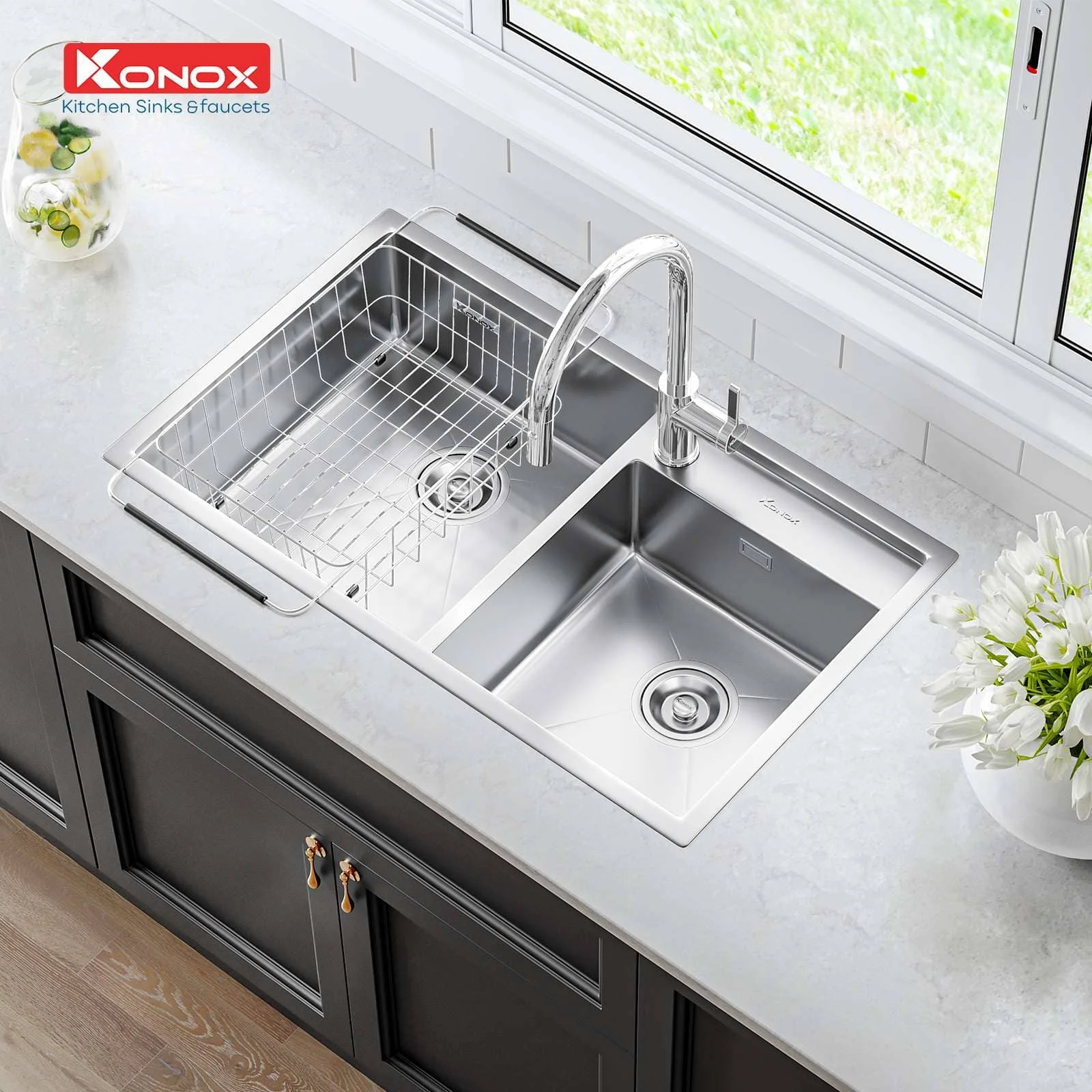Chậu rửa bát 2 hố cân SUS304 Konox Overmount Series KN8248DO