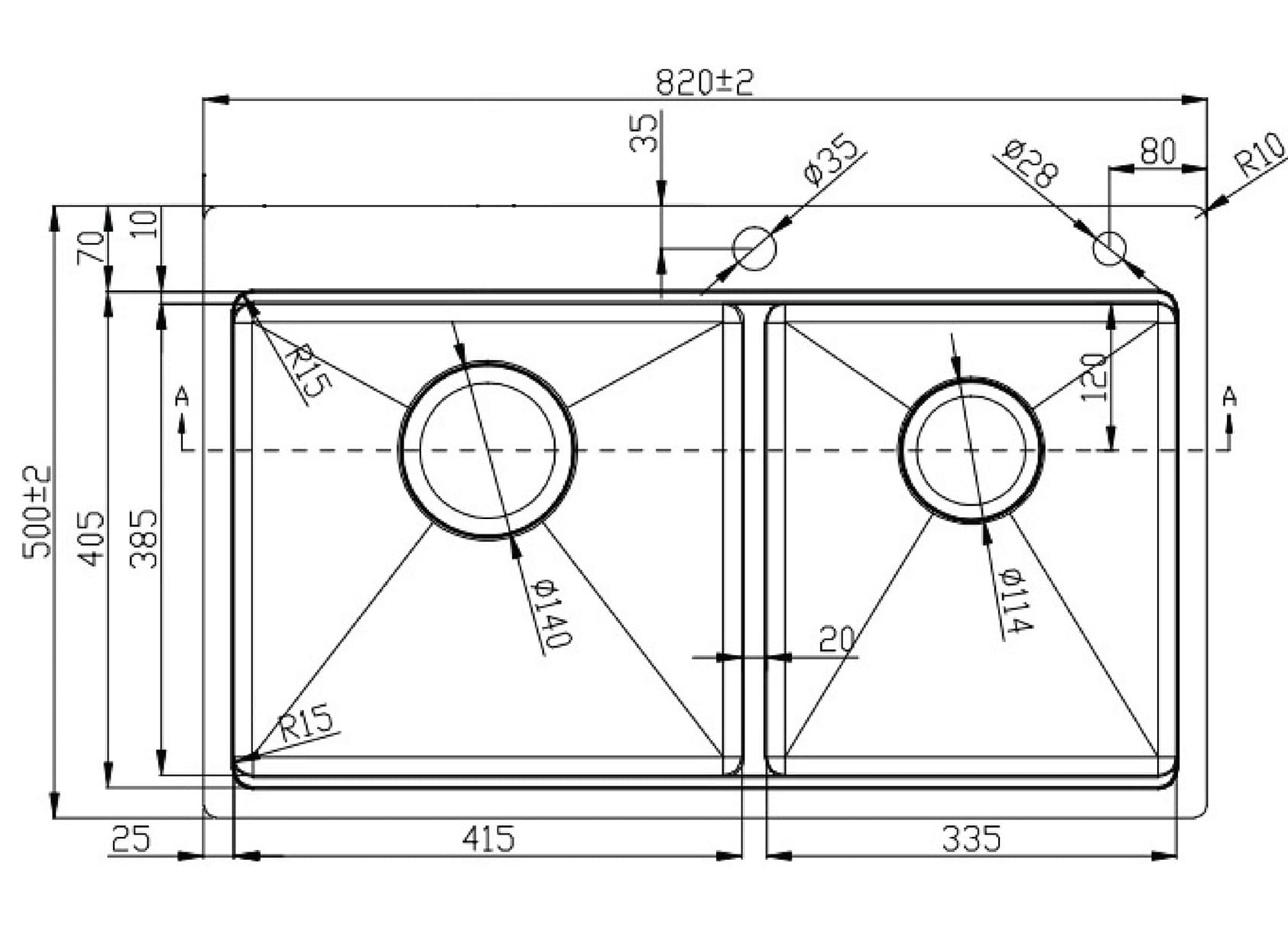 Bản vẽ Chậu rửa bát 2 hố lệch SUS304 Konox Workstation Topmount KN8250TD