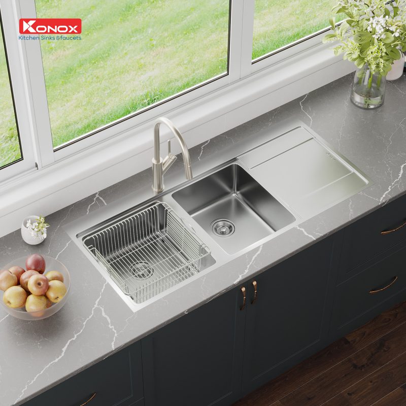 Bản vẽ Chậu rửa bát 2 hố cân bàn phải SUS304 Konox Unico Series 11652