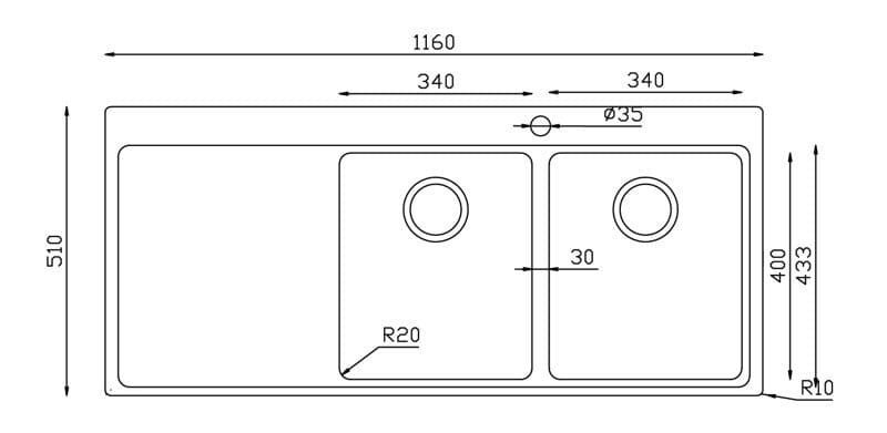Bản vẽ Chậu rửa bát âm 2 hố Konox Miro 1160