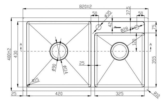 Bản vẽ Chậu rửa bát 2 hố cân SUS304 Konox Overmount Series KN8248DO