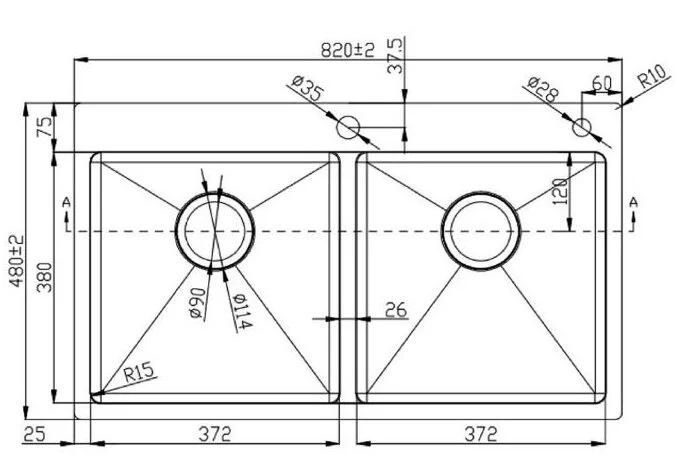 Bản vẽ Chậu rửa bát 2 hố cân SUS304 Konox Overmount Series KN8248DOB