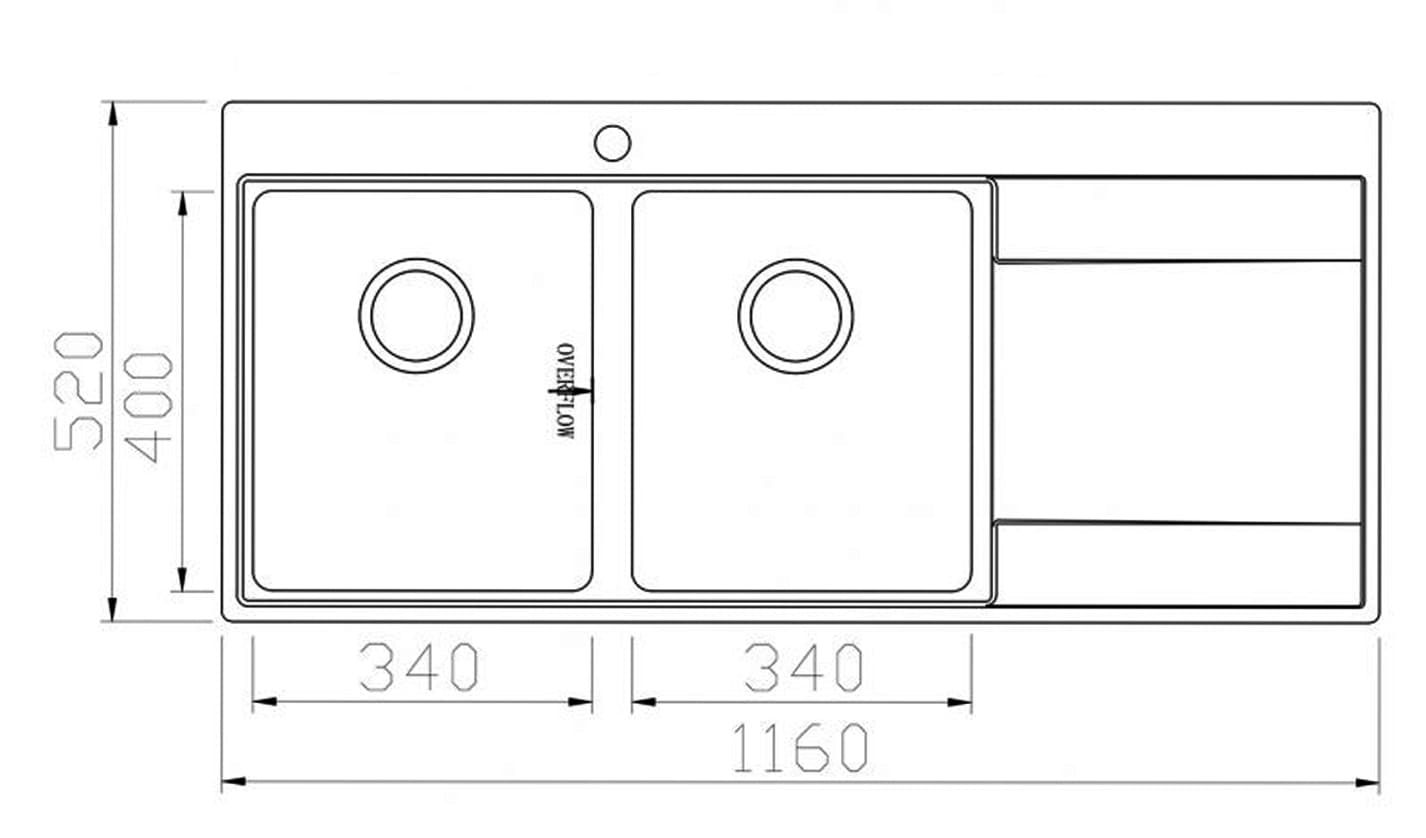 Bản vẽ Chậu rửa bát 2 hố cân bàn phải SUS304 Konox Unico Series 11652