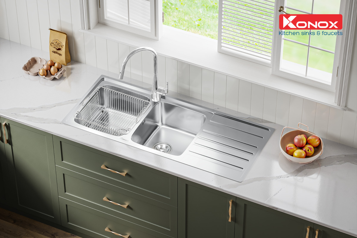 Chậu rửa bát 2 hố cân bàn phải SUS304 Konox European Series KS11650 1D